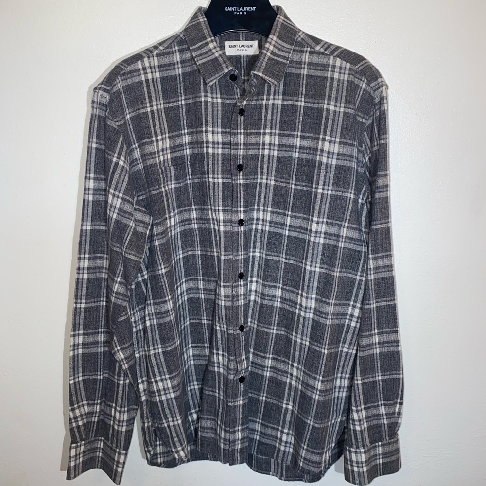 Saint Laurent Grey and White Plaid Long Sleeve Collared Button-Down Shirt Size M